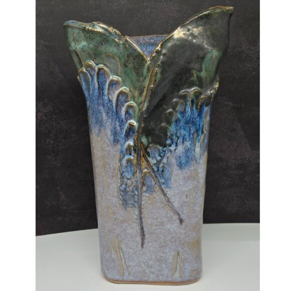 Studio Pottery Vase Blue Green Purple 8.25" Tall, Signed - Picture 1 of 9